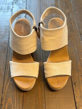 TOMS Cream Canvas Double-Strap Wedge Sandals with Ankle Zipper